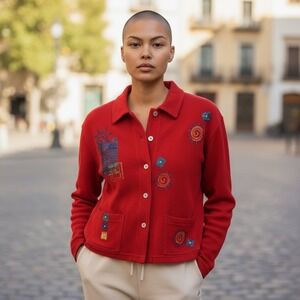 Prairie Red Natural Cotton Art to Wear Coastal‎ Grandmacore Button Up Jacket M